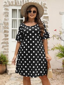 Đầm Plus Size Xù phân lớp Chấm bi Giải trí - Đen và trắng - Xem 3