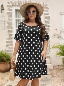 Đầm Plus Size Xù phân lớp Chấm bi Giải trí - Đen và trắng - Xem 5