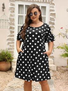 Đầm Plus Size Xù phân lớp Chấm bi Giải trí - Đen và trắng - Xem 6