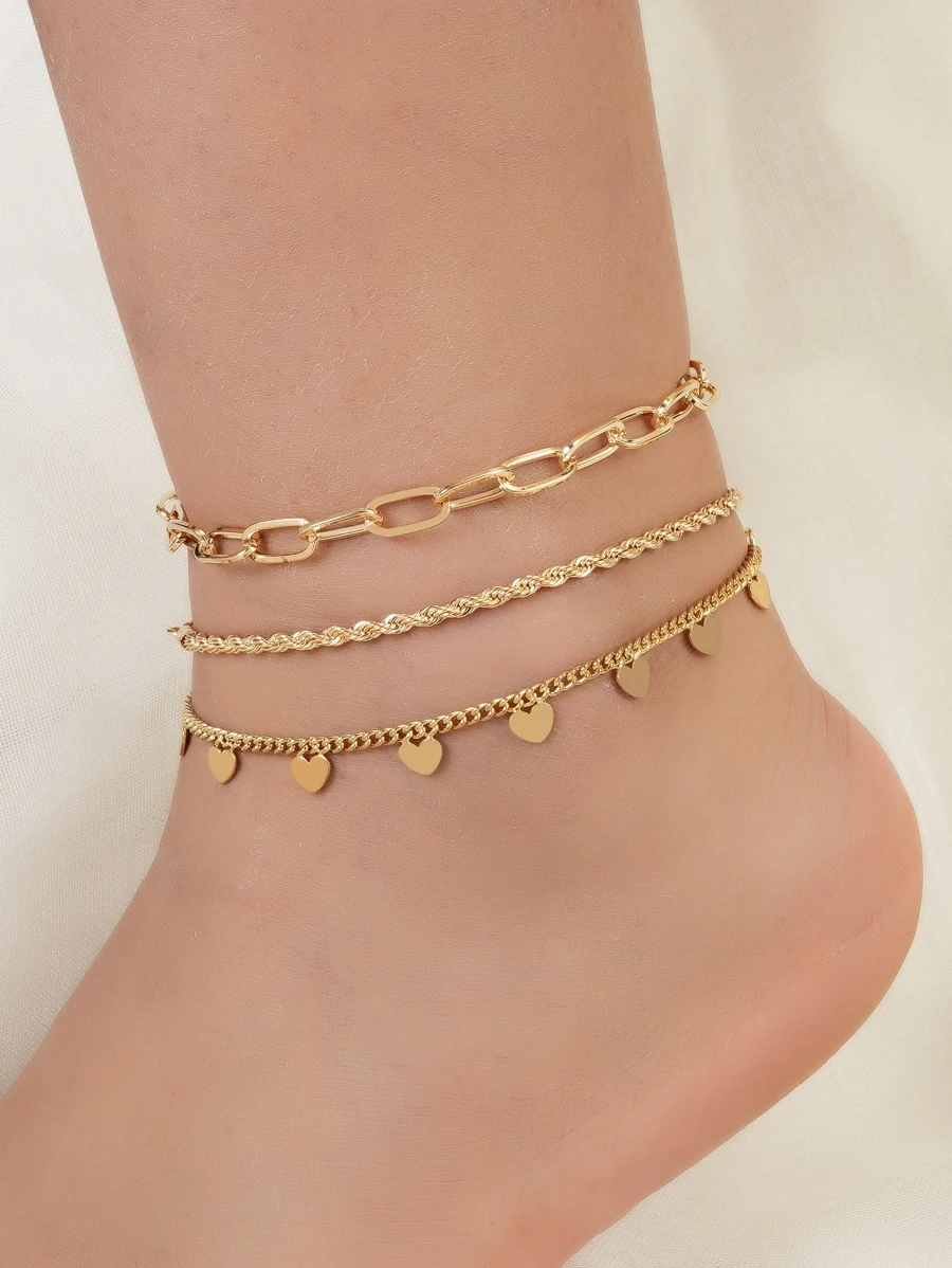 3pcs Heart Shaped Twist Chain Anklet For Women - Gold - View 1