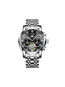 KINYUED 1入組男士銀色不銹鋼錶帶時尚羅馬數字刻度日期多功能圓形錶盤機械手錶適合日常生活 - 銀色 - 查看 3