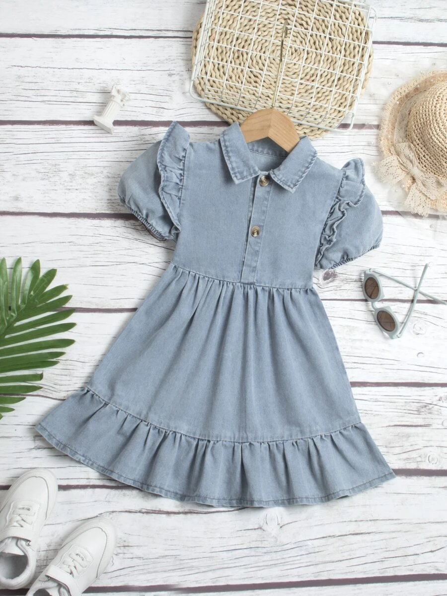 Toddler Girls Puff Sleeve Ruffle Hem Denim Dress