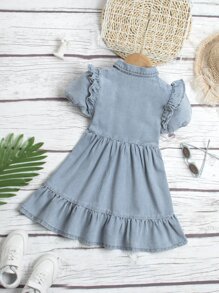 Toddler Girls Puff Sleeve Ruffle Hem Denim Dress