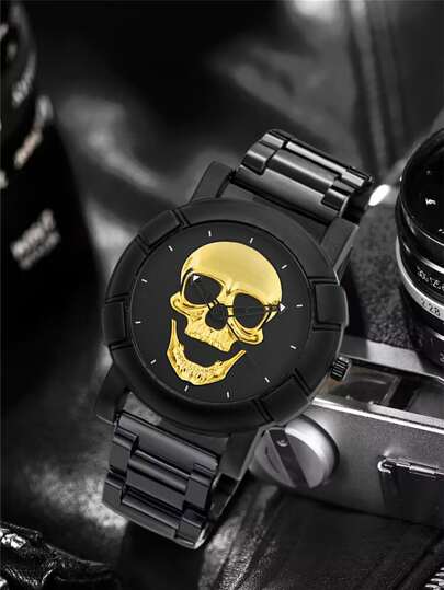 1pc Black Zinc Alloy Strap Fashion Skull Pattern Round Dial Quartz