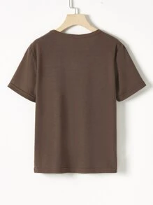 SHEIN Tween Boy Casual Simple Letter Print Short Sleeve T-shirt For Spring And Summer - Coffee Brown - View 2