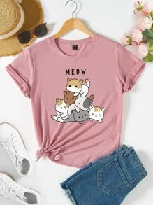 Lunelith SHEIN Lunessa Cartoon Cat & Letter Graphic Tee Graphic Tees Women Tops