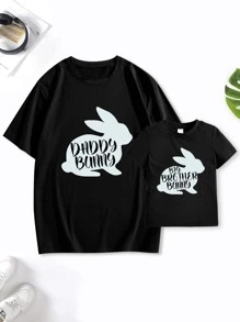 Niñito 1 pieza Camiseta con estampado de conejo y letra - Negro - Ver 5