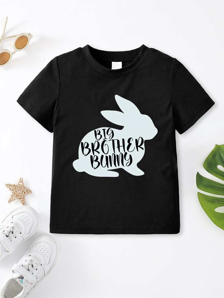 Niñito 1 pieza Camiseta con estampado de conejo y letra - Negro - Ver 1