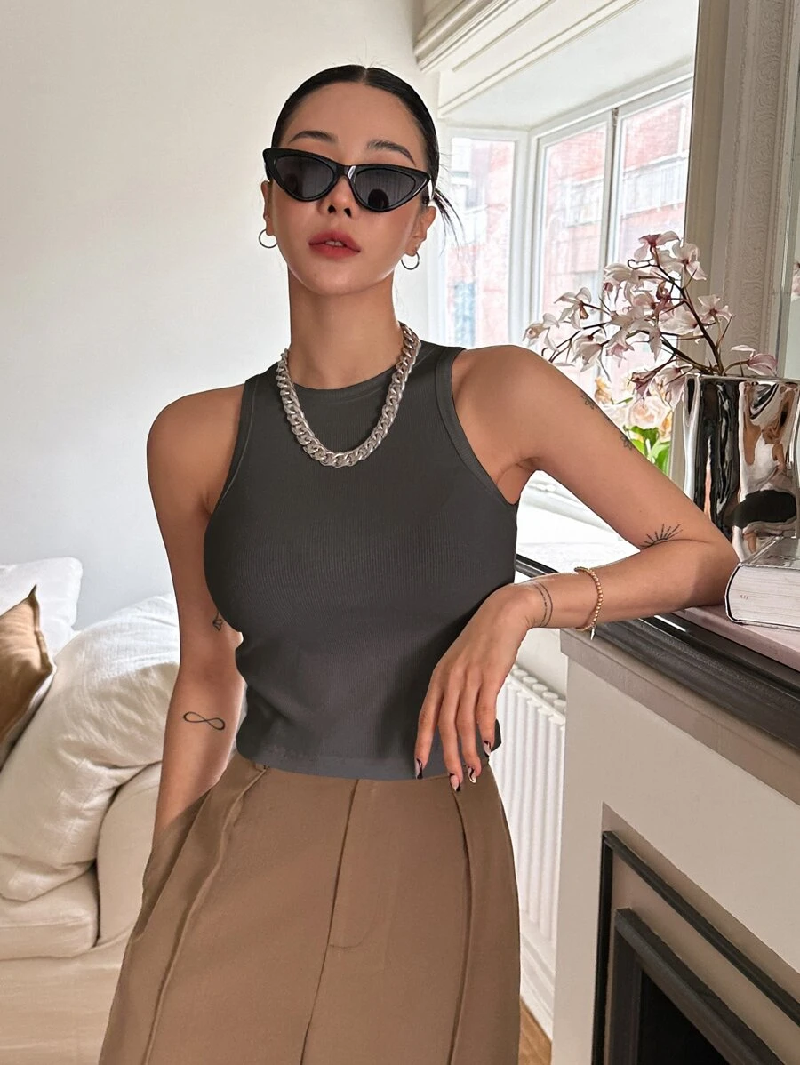 DAZY Solid Ribbed Knit Tank Top - Dark Grey - View 1