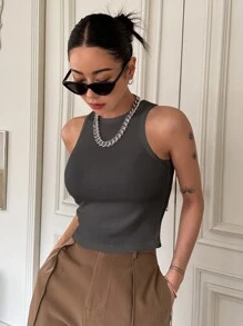 DAZY Solid Ribbed Knit Tank Top - Dark Grey - View 2