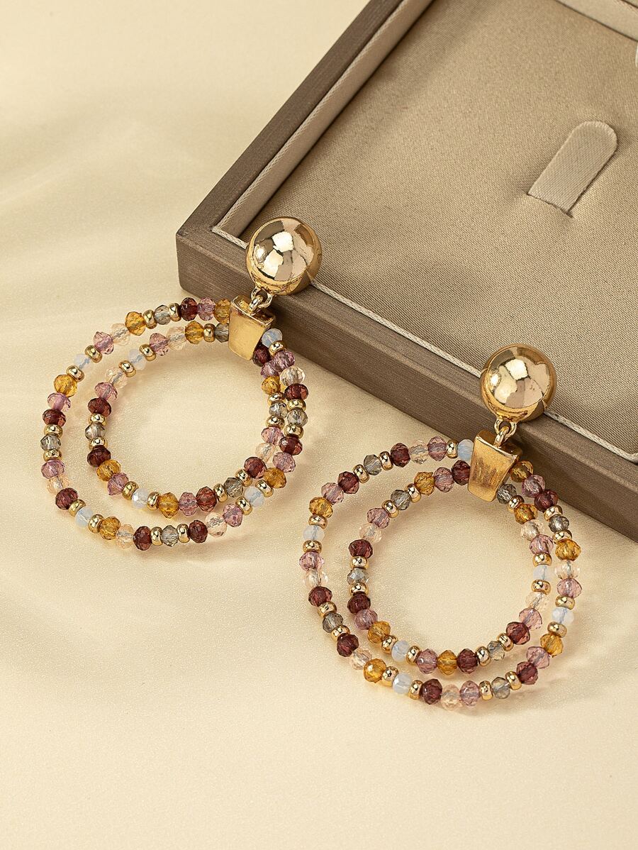 1對時尚串珠圓形耳墜適用於女士日常裝飾 - 彩色 - 查看 1