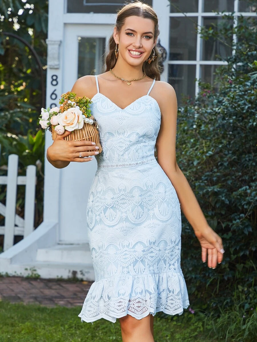 Eilly Bazar 荷葉邊蕾絲吊帶洋裝 - 淺藍色 - 查看 1