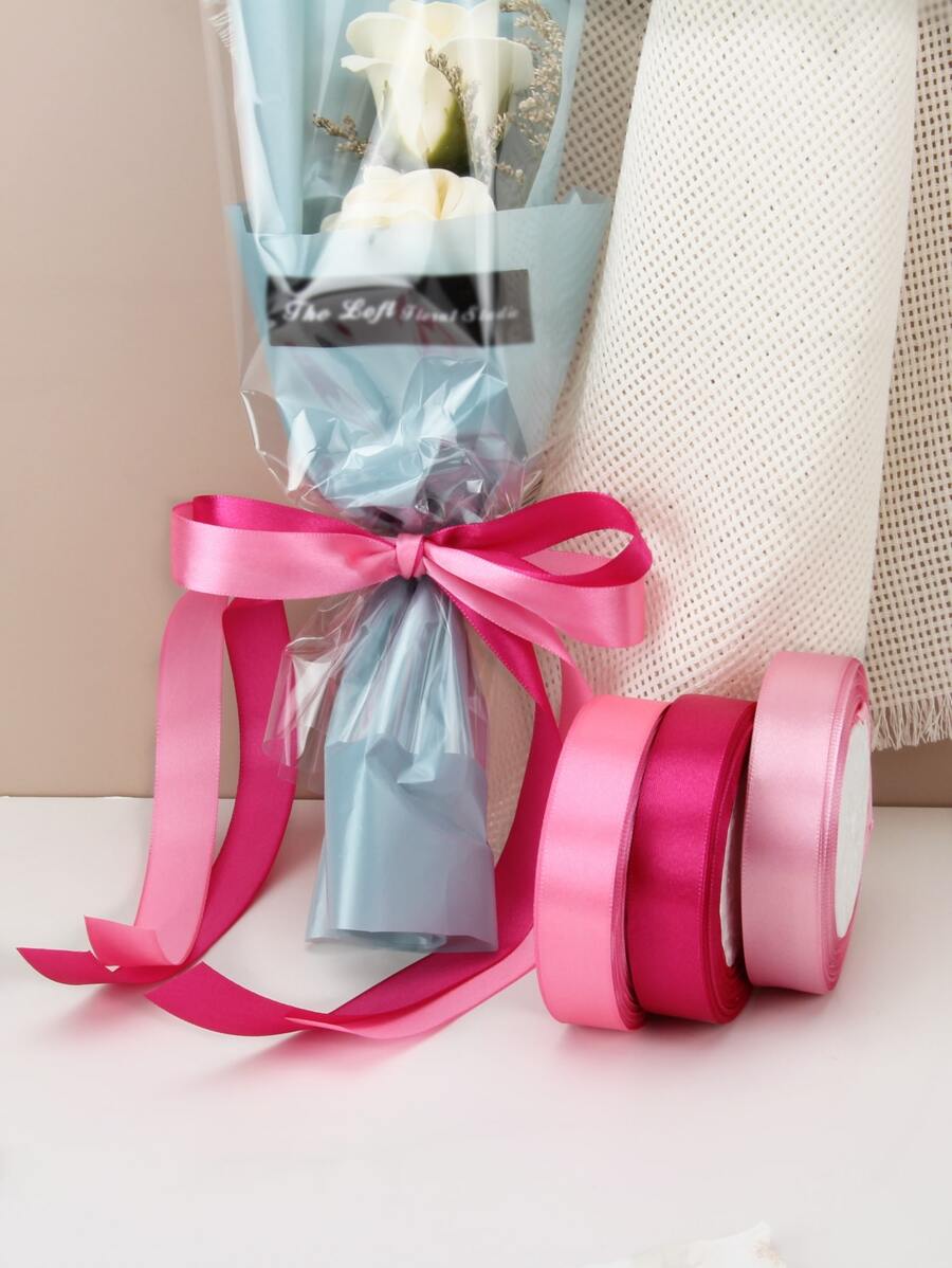 3rolls Solid Gift Wrapping Ribbon, Simple Polyester Gift Wrapping Tape For Flower, Gift - Multicolor - View 1