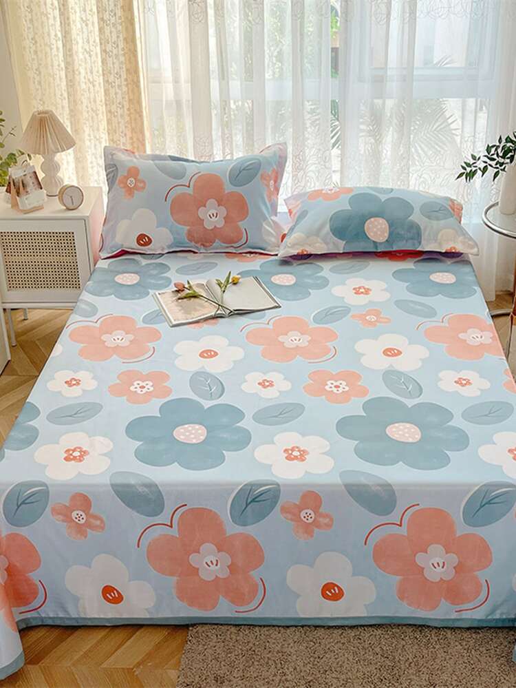 3pcs/set Leaf & Flower Pattern Sheet Set Without Filler, Cartoon Flat Sheet Set (1pc Flat Sheet & 2pcs Pillowcase) For Bedroom - Multicolor - View 1