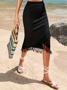 SHEIN VCAY Fringe Trim Asymmetrical Hem Skirt - Black - View 5