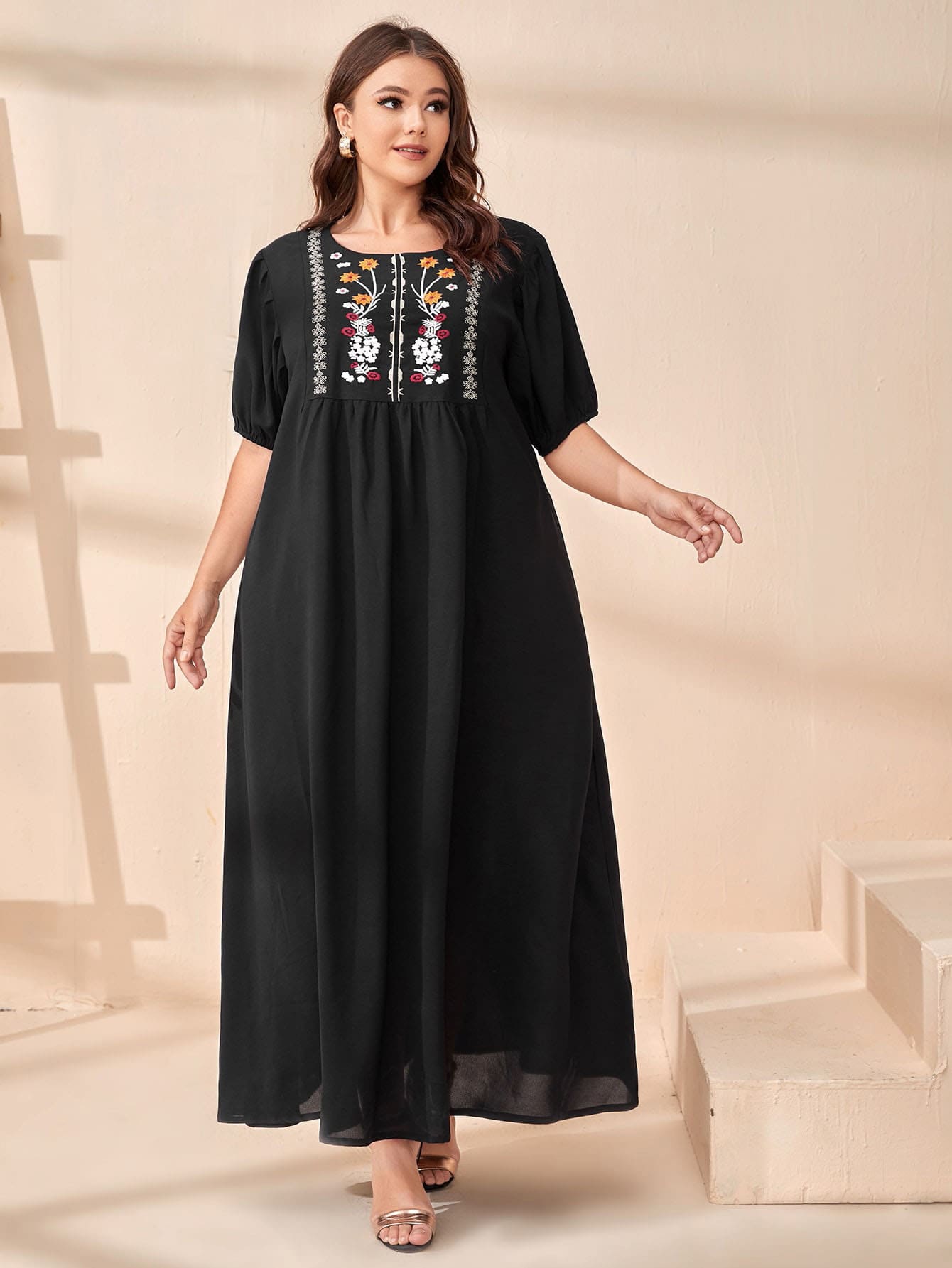 Mulvari Plus Floral Embroidery Smock Dress - Black - View 1