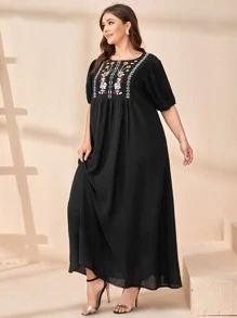 Mulvari Plus Floral Embroidery Smock Dress - Black - View 5