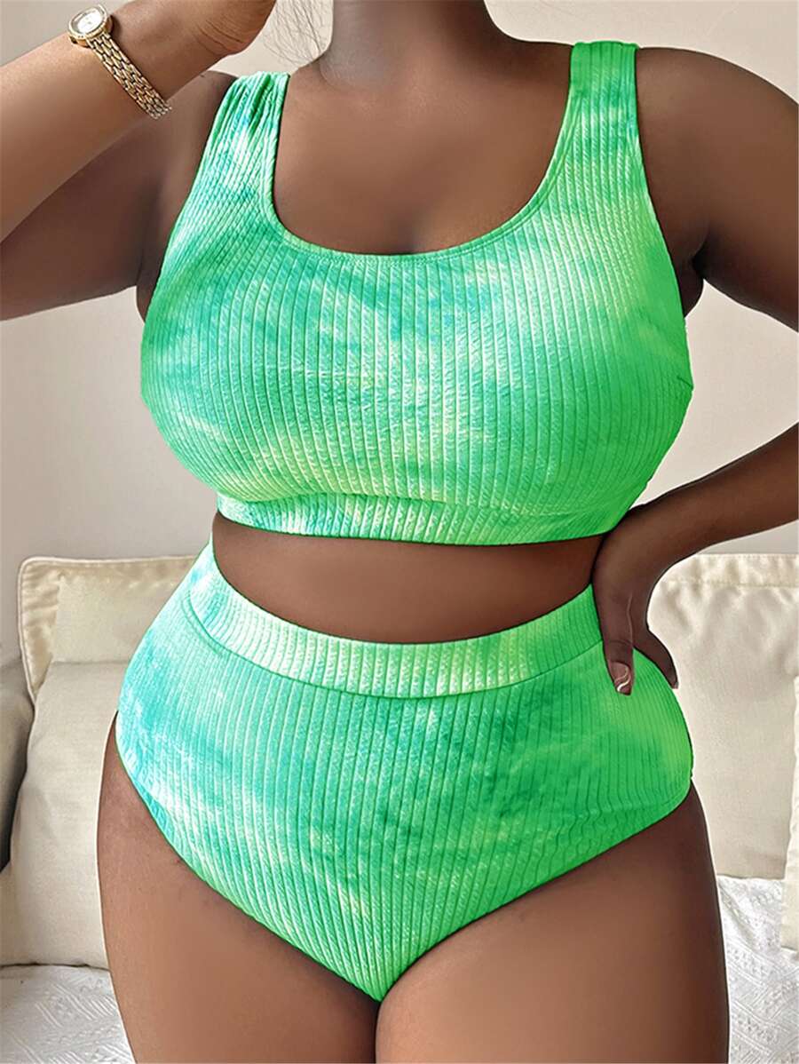 Slaydiva Summer Beach Plus Size Tie Dye Bikini Set - Green - View 1