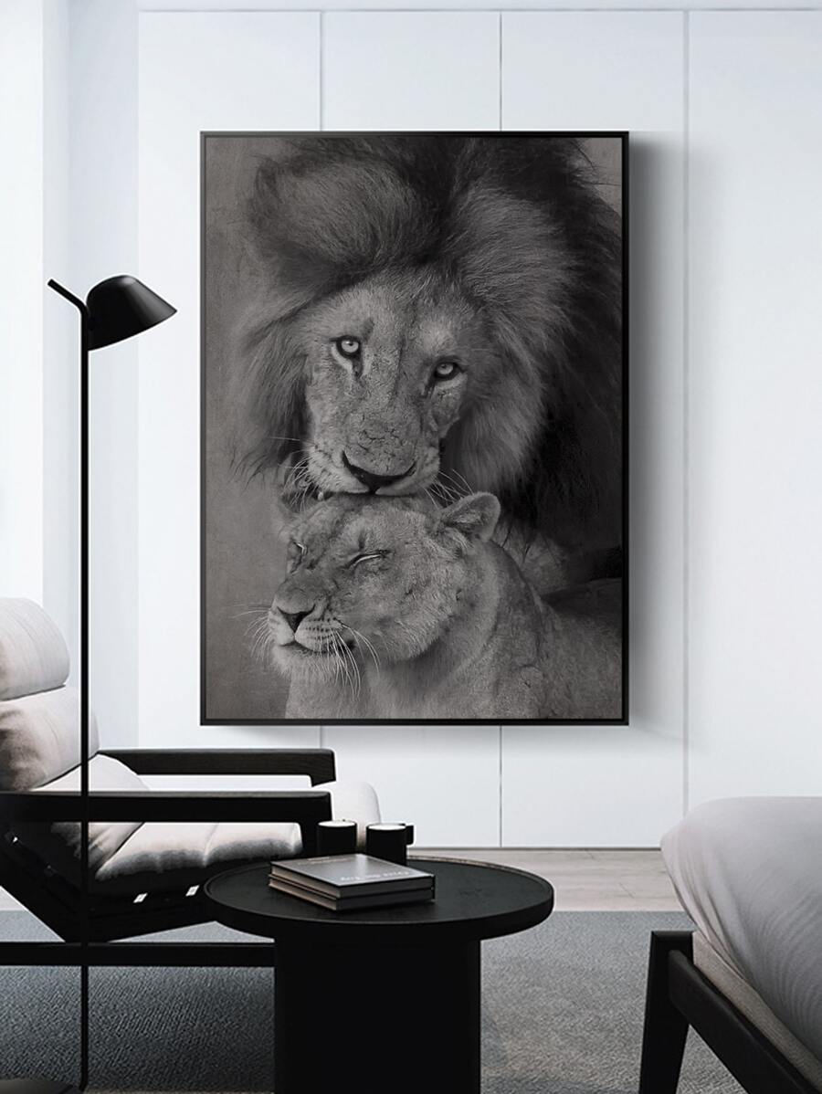 In Hình Sư Tử Có Khung Tranh, Động Vật Hiện Đại In Hình Nghệ Thuật Treo Tường Tranh Cho Trang Trí Tường Nhà - Đen và trắng - Xem 1