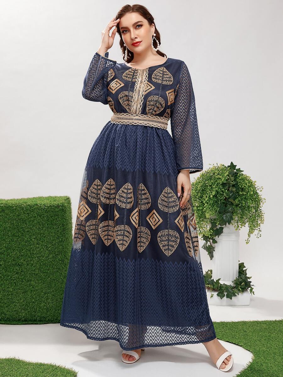 Al Najma Vestido con bordado geométrico con cinta en contraste - Azul Marino - Ver 1