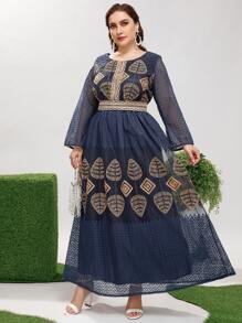 Al Najma Vestido con bordado geométrico con cinta en contraste - Azul Marino - Ver 3