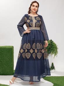 Al Najma Vestido con bordado geométrico con cinta en contraste - Azul Marino - Ver 5