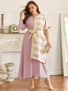 Al Najma Plus Striped Print Belted Dress - Pink - View 1