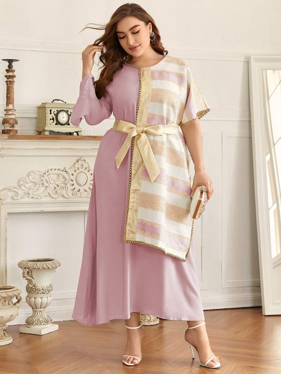 Al Najma Plus Striped Print Belted Dress - Pink - View 1