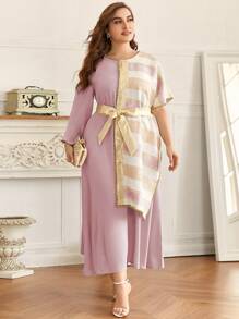Al Najma Plus Striped Print Belted Dress - Pink - View 3