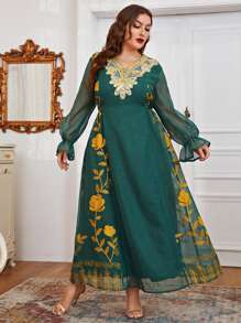 Al Najma Plus Floral Embroidery Flounce Sleeve Mesh Overlay Dress - Dark Green - View 1