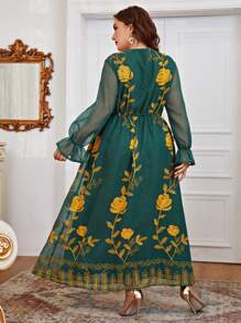 Al Najma Plus Floral Embroidery Flounce Sleeve Mesh Overlay Dress - Dark Green - View 2