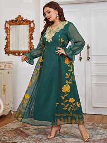 Al Najma Plus Floral Embroidery Flounce Sleeve Mesh Overlay Dress - Dark Green - View 6
