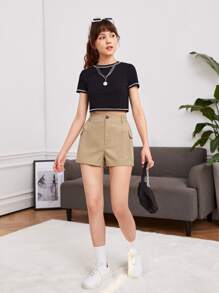 SHEIN 青少年女孩側翻蓋口袋工裝短褲