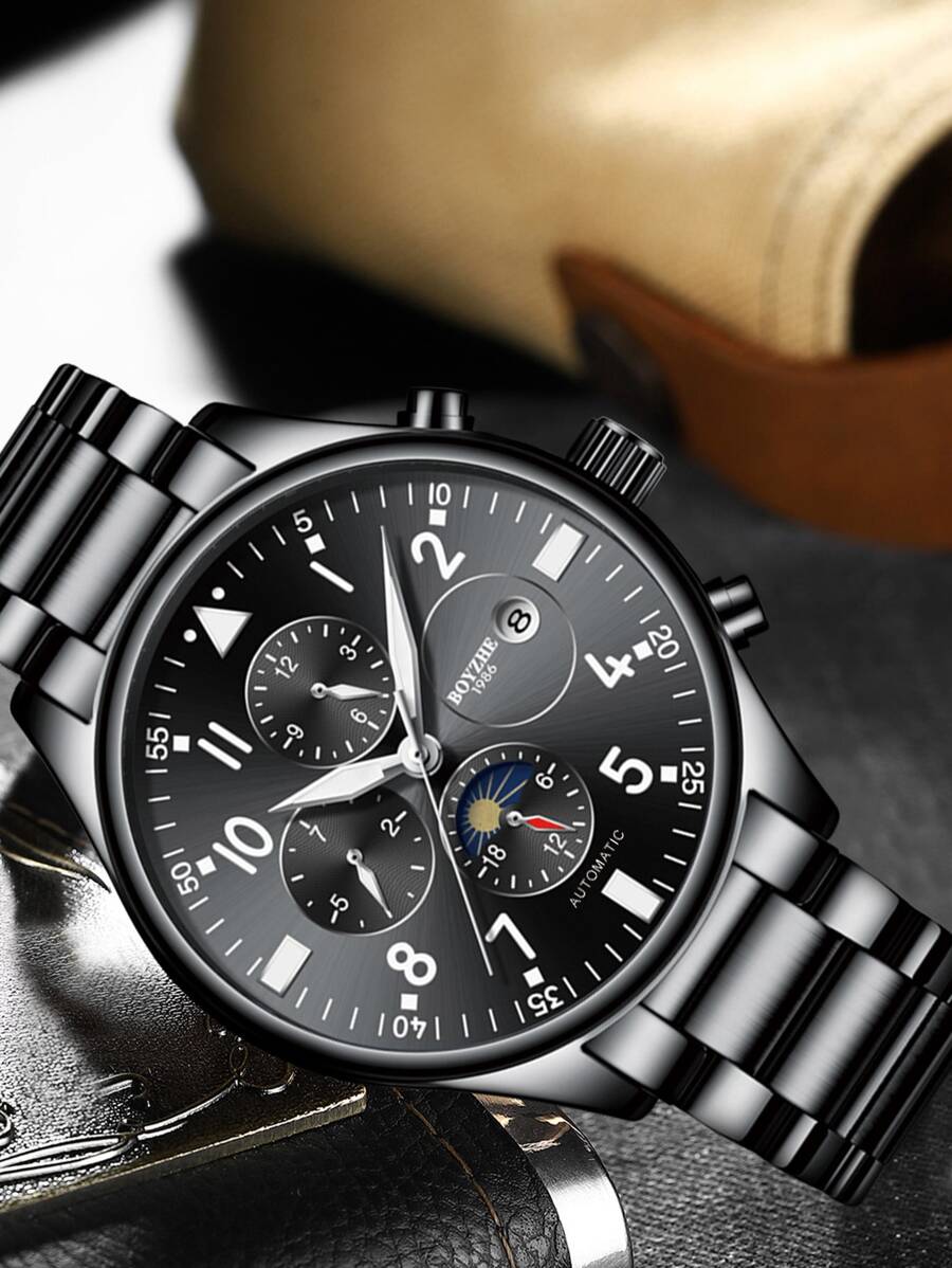 BOYZHE 1pc Black Stainless Steel Strap Business Calendar Moon Phase Display Multifunction Bar Scale Round Dial Mechanical Watch, For Daily Life - Black - View 1