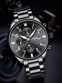 BOYZHE 1pc Black Stainless Steel Strap Business Calendar Moon Phase Display Multifunction Bar Scale Round Dial Mechanical Watch, For Daily Life - Black - View 2