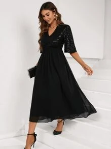 GENKIRA Váy chữ A sequin tương phản cho phụ nữ thanh lịch - màu đen - Xem 1