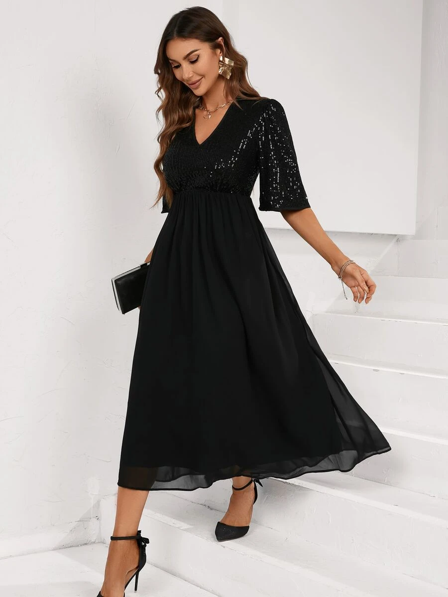 GENKIRA Váy chữ A sequin tương phản cho phụ nữ thanh lịch - màu đen - Xem 1