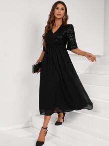 GENKIRA Váy chữ A sequin tương phản cho phụ nữ thanh lịch - màu đen - Xem 3