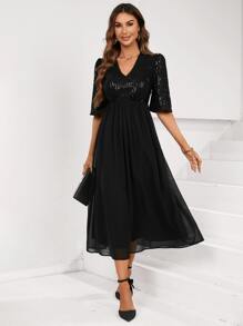 GENKIRA Váy chữ A sequin tương phản cho phụ nữ thanh lịch - màu đen - Xem 4