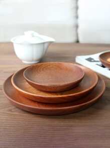 1pc Wooden Round Plate, Boho Wooden Pattern Round Shaped Food Plate For Household - Brown - View 5