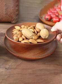 1pc Wooden Round Plate, Boho Wooden Pattern Round Shaped Food Plate For Household - Brown - View 6