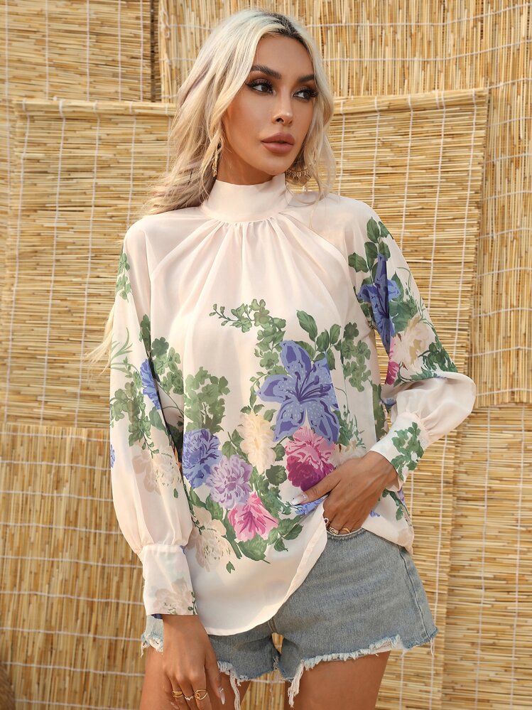 SHEIN Clasi קשירה מאחור פרחוני קז'ואל חולצות לנשים - משמש - ראה 5