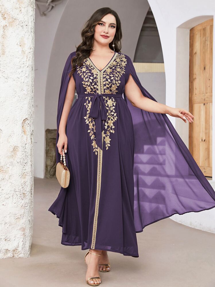 SHEIN Najma Plus Floral Embroidery Belted Dress Fancy Dress SHEIN ASIA