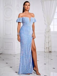 LOVE&LEMONADE Off Shoulder Split Thigh Sequin Formal Dress - Blue - View 6