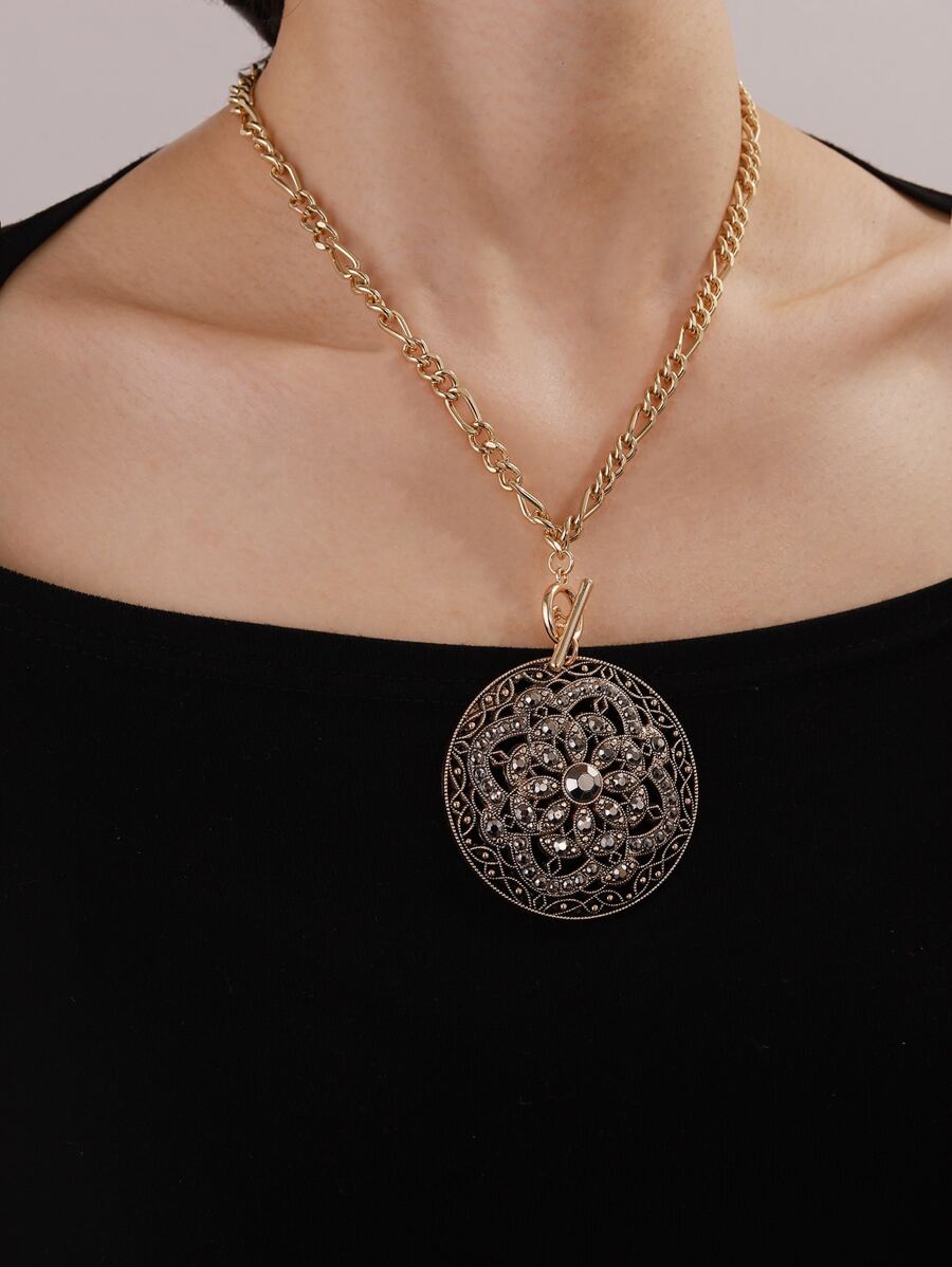 1入組復古鋅合金水鑽花朵墜飾項鍊適用於女士日常裝飾