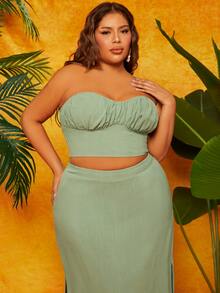 SHEIN SXY Plus Ruched Bust Tube Top & Split Thigh Skirt - Mint Green - View 5