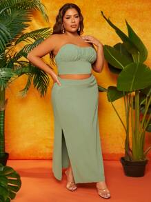 SHEIN SXY Plus Ruched Bust Tube Top & Split Thigh Skirt - Mint Green - View 1