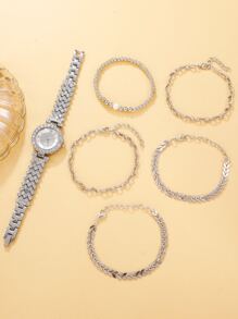 1 chiếc Nữ Kim Cương Giả Trang Trí Dây Thép Không Gỉ Đồng Hồ Thạch Anh Mặt Tròn Hấp Dẫn Và 5 Cái/bộ Vòng Tay cho Cuộc Sống Hàng Ngày - Bạc - Xem 3