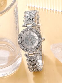 1 chiếc Nữ Kim Cương Giả Trang Trí Dây Thép Không Gỉ Đồng Hồ Thạch Anh Mặt Tròn Hấp Dẫn Và 5 Cái/bộ Vòng Tay cho Cuộc Sống Hàng Ngày - Bạc - Xem 5