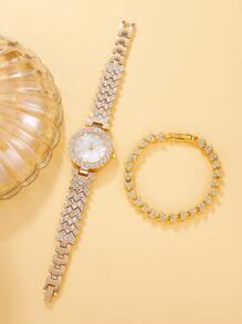 1 chiếc dành cho nữ có dây đeo bằng thép không gỉ trang trí bằng kim cương giả Đồng hồ thạch anh mặt tròn quyến rũ & Vòng tay 1 chiếc, dùng cho cuộc sống hàng ngày như một món quà cho học sinh đi học trở lại - Xem 2